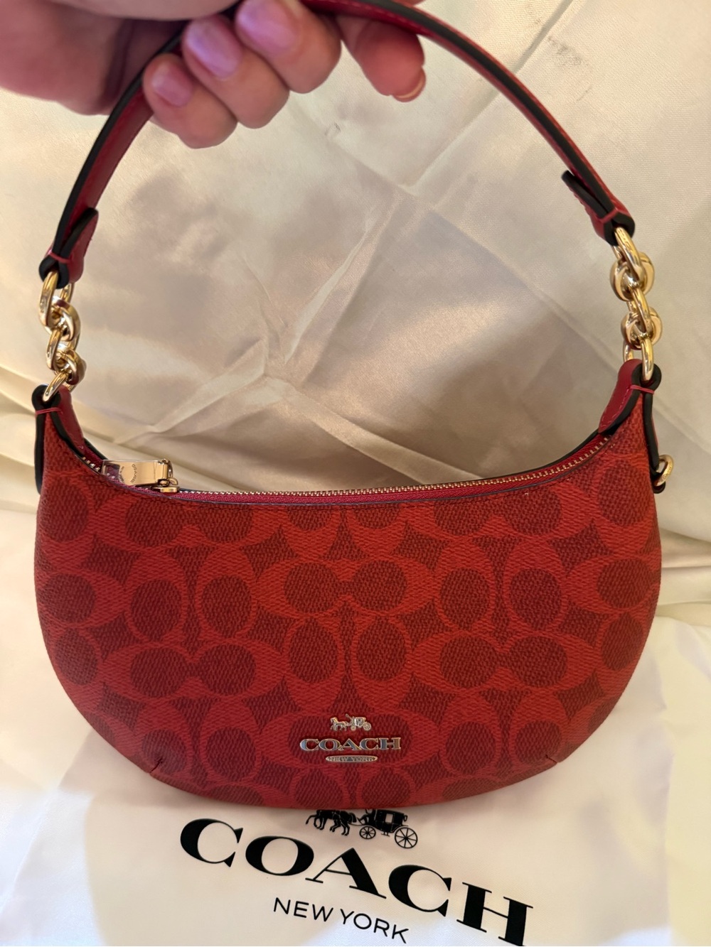 ♥️Coach NWT Crimson Red Signature Canvas Mini Payton Bag / Matching Card Case - Picture 7 of 9